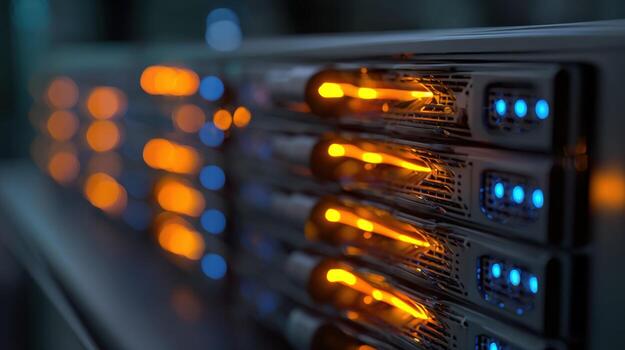 Server Rack Equipment with Operating Indicator Lights in Data Center for Network Infrastructure photo