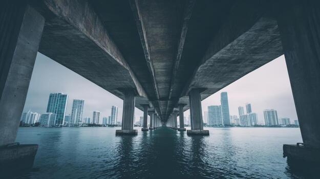 Urban Infrastructure Perspective View Underneath Bridge with City Skyline Backdrop and Water Reflection photo