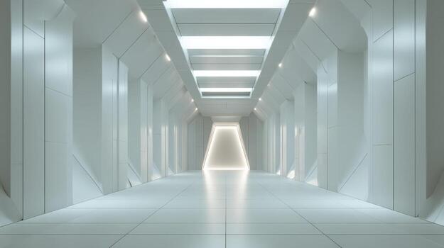 Futuristic White Corridor with Geometric Design and Bright Lighting in a Modern Architectural Space photo