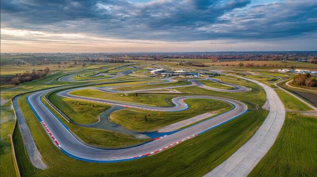 Aerial View of a Motorsports Race Track on a Cloudy Day with Green Fields photo