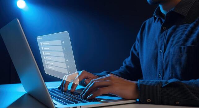 Man Typing on Laptop with Futuristic Interface Displayed, Illustrating Technology and Connectivity photo