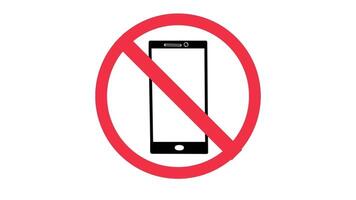 animação do uma não Móvel telefone placa. uma vermelho proibição símbolo com uma círculo e golpear é desenhado sobre uma Smartphone ícone. minimalista 2d gráfico em uma branco fundo. video