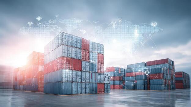 Global Trade Network Stacked Shipping Containers with Digital Overlay Representing Worldwide Logistics and Connectivity photo