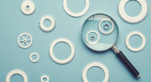 Magnifying Glass over White Gears on a Blue Background, Symbolizing Search, Analysis, and Complex Systems photo