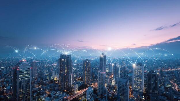 Connected Cityscape at Twilight with Wireless Network Technology and Modern Urban Infrastructure for Business Communications photo