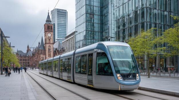 Modern Tramway in Urban Environment with Contemporary Architecture and Clock Tower photo