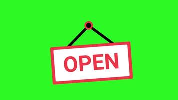 animerad svängande 'öppen' tecken med röd text och gräns, isolerat på en grön skärm. 2d platt tecknad serie illustration av en hängande tecken rör på sig i en sömlös slinga. krom nyckel bakgrund för nycklar. video