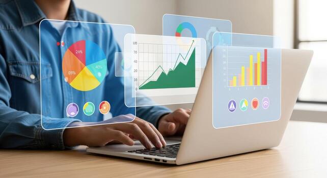 Analyzing Data on Laptop with Graphic Overlays Business Intelligence and Financial Analysis photo