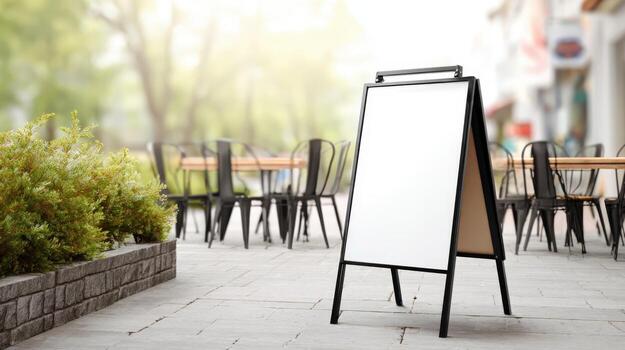 Sidewalk Sign Mockup in Outdoor Cafe Setting Blank A-Frame for Custom Advertising photo