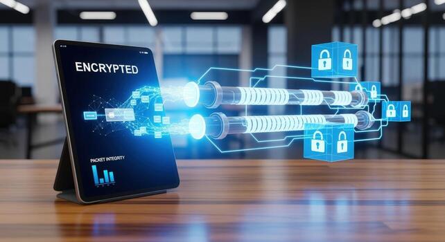 Encrypted Data Flowing from Tablet Display via Secure Network, Digital Protection and Cybersecurity photo