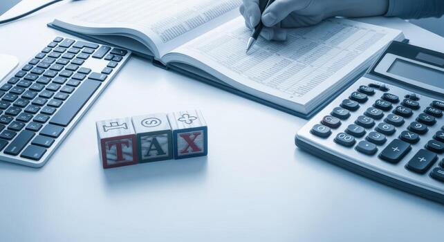 Tax Season Paperwork Close-up of Calculator, Keyboard, and Open Ledger for Financial Planning photo