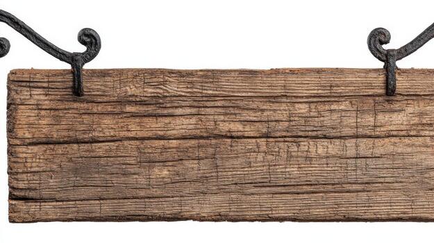 Rustic Wooden Signboard with Decorative Metal Brackets Isolated on White Background, Ideal for Custom Text photo
