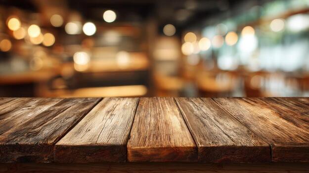 Rustic Wooden Tabletop with Blurred Restaurant Interior Background for Product Display and Mockups photo