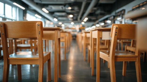 Empty Study Hall with Rows of Wooden Chairs and Desks Offering Serene Learning Environment photo