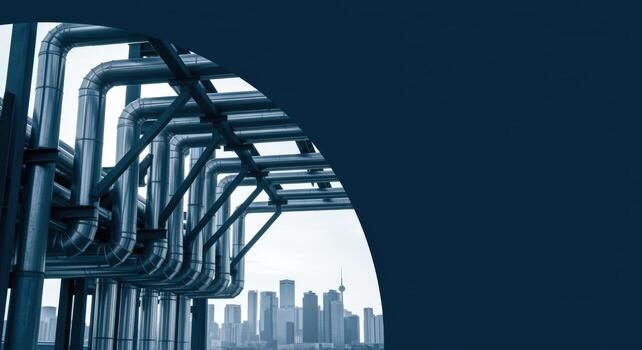 Industrial Pipelines Over Cityscape Background Showing Engineering and Infrastructure Design for Piping Systems and Urban Development photo