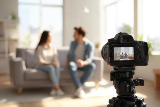 Behind the Scenes Couple Recording a on a Sofa with Camera on Tripod photo