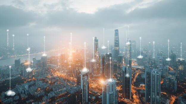 Modern Cityscape at Night with Digital Network Overlay, Representing Global Connectivity and Technology photo