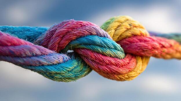 Vibrant Colorful Rope Knot Against Soft Blue Sky Connection, Unity, Strength Conceptual Image photo