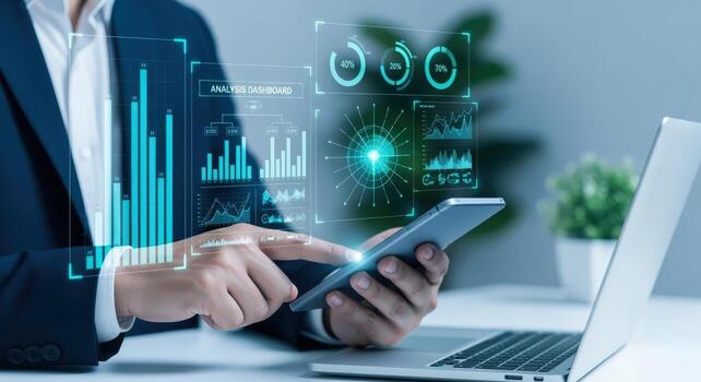 Business Professional Analyzing Financial Data and Graphs on Mobile Device with Futuristic Digital Interface Overlay photo