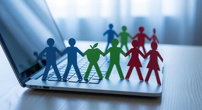 Paper Cutout Figures Holding Hands on Laptop Connection, Community, and Digital Collaboration Concept photo