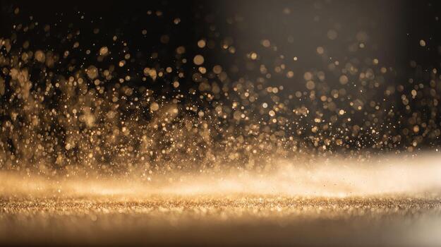 Abstract Gold Dust Explosion Sparkling Particles Floating in the Air on Dark Background for Magical Atmosphere photo