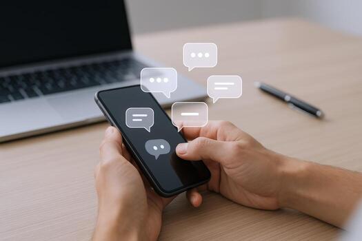 Engaged professional using mobile phone for communication with speech bubbles, laptop, and pen on a wooden desk photo