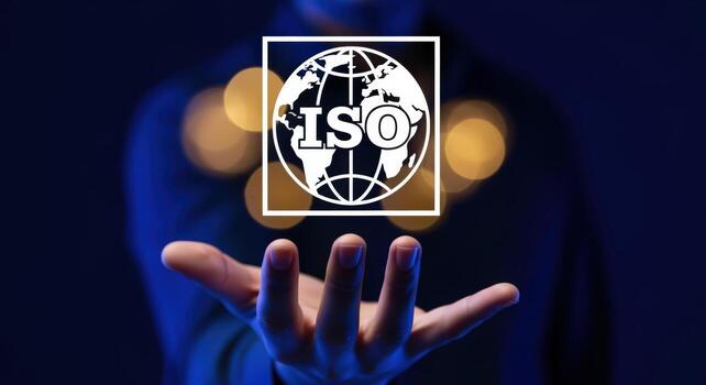 Conceptual Image of Global Standards Compliance Displayed Above Open Palm Against a Dark Blue Background photo