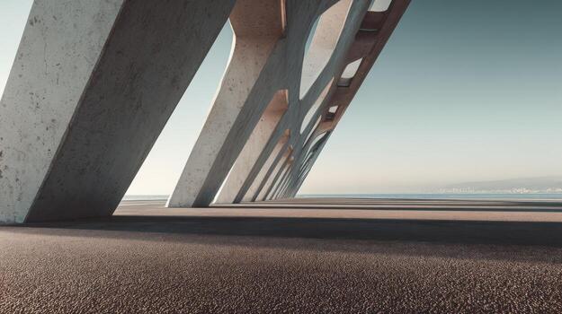 Architectural Concrete Structure with Desert Landscape Background, Modern Design Exterior Perspective on Arid Terrain photo