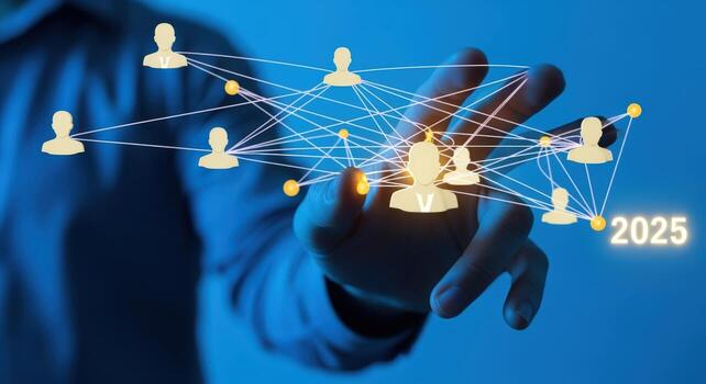 Modern Business Network Concept Hand Touching Digital Connections for Future Technology and Global Communication photo