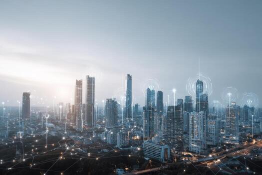 Modern Cityscape with Digital Network Overlay Connectivity, Innovation, and Urban Technology in a Futuristic Skyline photo