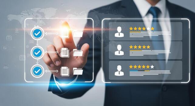 Man Interacting with Digital Interface Displaying Workflow Approval and Customer Satisfaction Ratings, Modern Business Technology photo