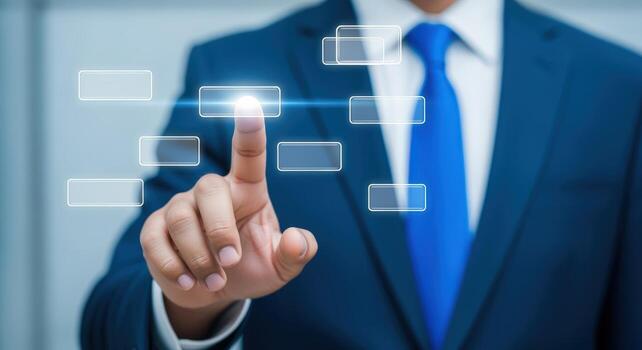 Businessman Touching Virtual Screen Technology Integration, Digital Interface, and Modern Business Solutions, Presenting Innovative User Experience photo