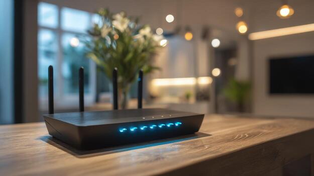 Wireless Router Device on Table, Modern Interior Background, Internet Networking Equipment, Connection Technology photo