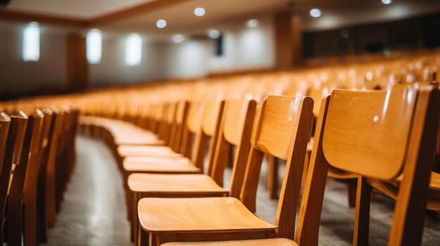 Empty Auditorium With Rows Of Wooden Seating, An Ideal Venue For Events And Performances photo