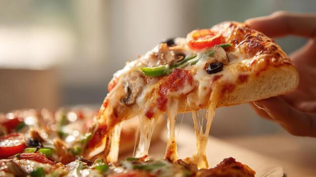 Delicious Slice of Pizza with Melted Cheese, Toppings, and a Hand Holding It Up photo