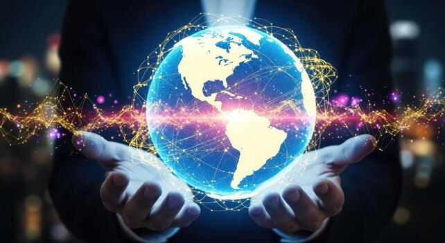 Global Connectivity Concept Person Holding Digital Earth with Network Connections, Representing Technology and Innovation photo
