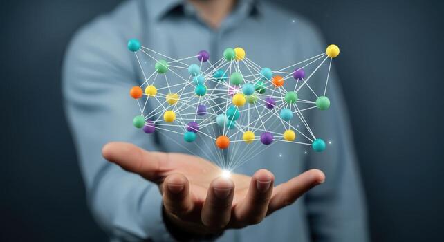 Man Presenting Abstract Network Connecting People, Data, and Ideas for Innovation and Technology Solutions photo