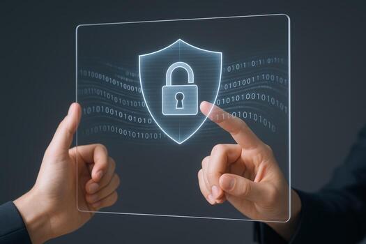 Data Protection Concept Hand Touching Virtual Shield with Lock Symbol on Transparent Screen photo