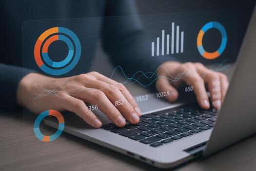 Analyzing Financial Data on Laptop with Graphs and Charts Overlay, Business Intelligence and Reporting photo
