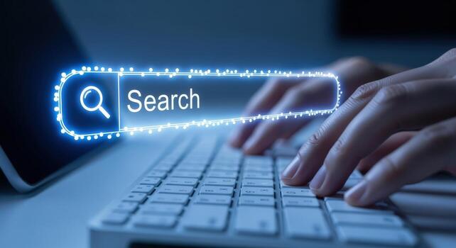 Hands Typing on Keyboard with Glowing Search Bar Overlay for Internet Concept photo