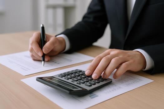 Accountant Calculating Finances and Writing on Documents, Emphasizing Accuracy in Financial Planning and Budgeting Process photo