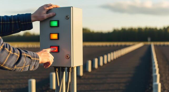 Activating System Controls Hand Pressing Red Button on a Control Box in an Agriculture Setting photo