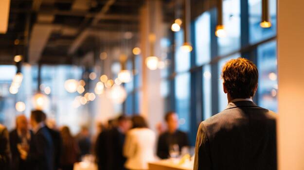 Business Professional Networking at Corporate Event, Stylish Interior, Modern Office Space, Back View, Blurred Background photo
