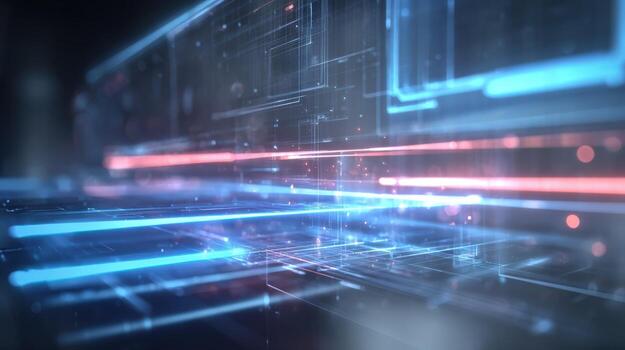 futurista digital tecnología interfaz con azul y rojo brillante líneas, resumen alta tecnología visualización antecedentes foto