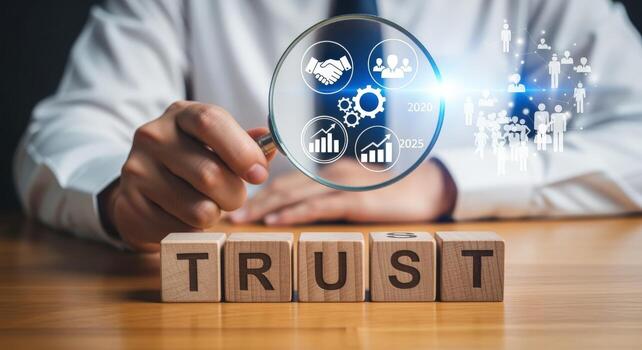Trust Building Blocks and Magnifying Glass Exploring Partnership, Growth, and Business Strategy for Long-Term Success photo