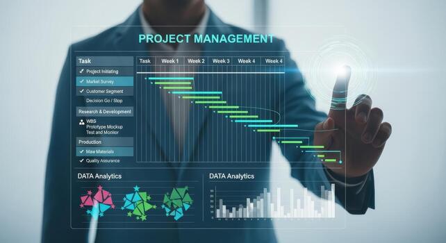 Project Management Visualization Man Interacting with Digital Gantt Chart Displaying Timeline and Data Analytics photo