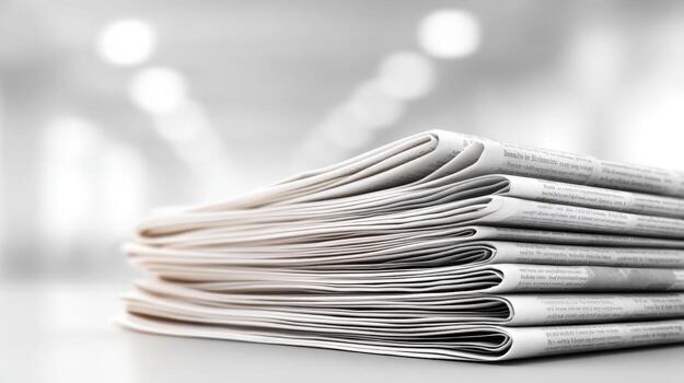 Stack of Newspapers on Desk Against Blurred Background Offering News and Information Access photo