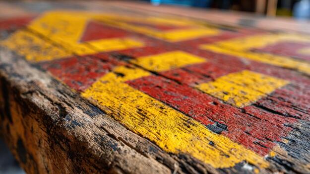 afligido de madera mesa con resistido amarillo y rojo geométrico patrones, macro disparo, superficie textura foto