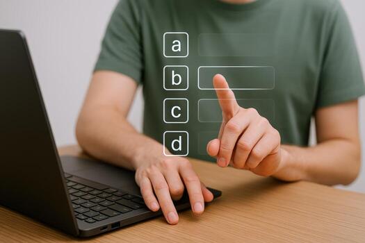 Online Exam Choice Man Selecting Option on Virtual Interface with Laptop for Test photo