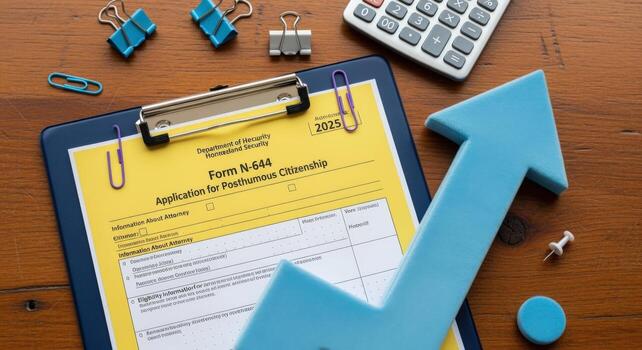Citizenship Application Form on Clipboard with Arrow, Calculator, and Paper Clips on a Wooden Desk photo